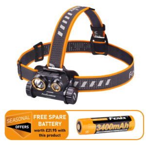 Fenix HM65R rechargeable head torch – dual beam fishing light for night fishing with free extra battery from Breakaway Tackle UK