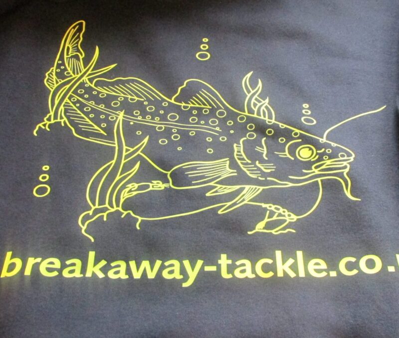 Black Breakaway fishing hoodie with yellow logo and front phone pocket